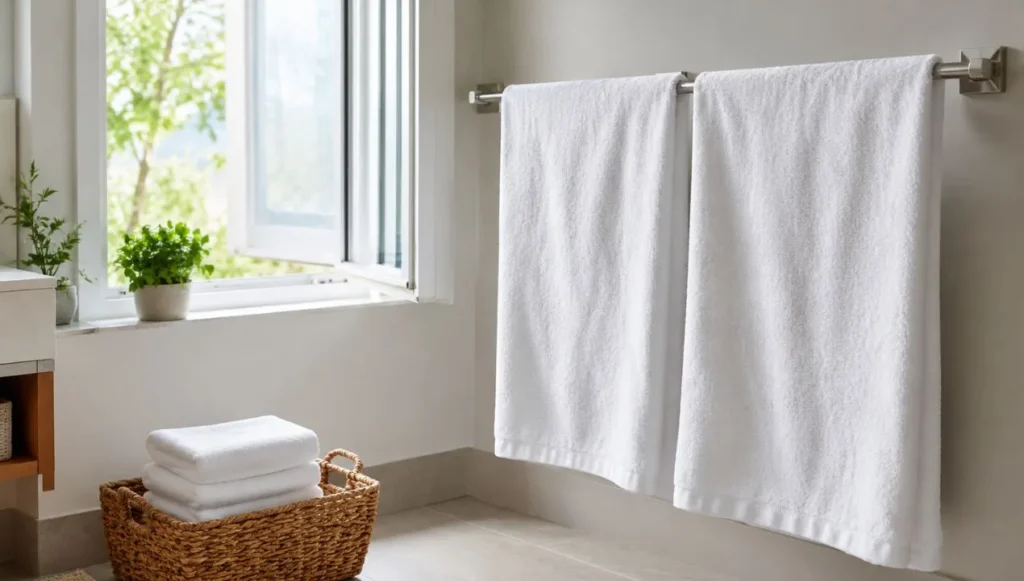 Clean white towels hanging open in a bright bathroom to dry properly and prevent musty odors after washing.