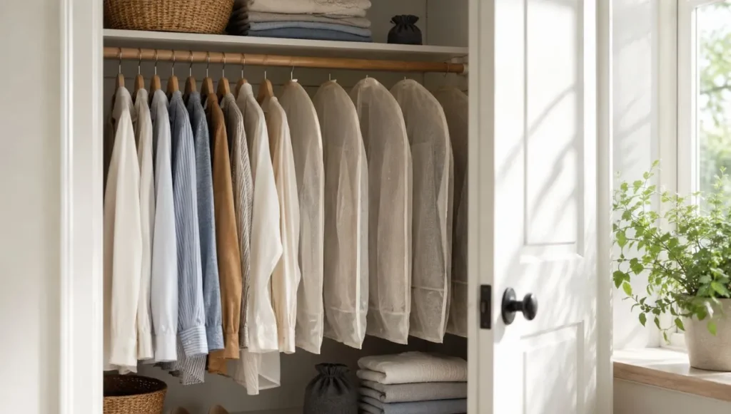 Wardrobe with hanging clothes, breathable garment bags, clean fabrics, and natural light to help prevent closet odors and moisture.