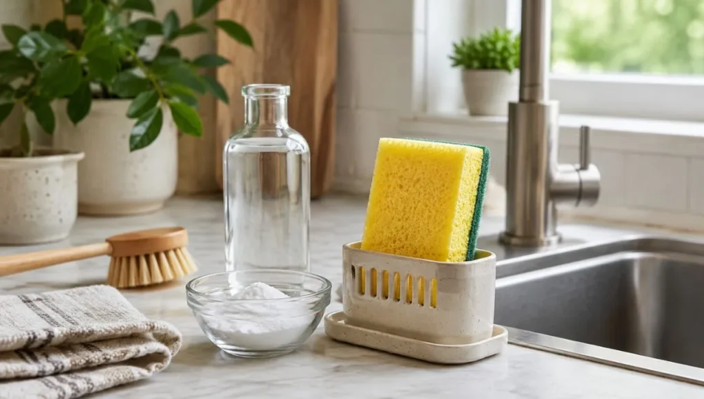 Clean kitchen sponge drying upright near baking soda and vinegar for natural odor control without bleach.