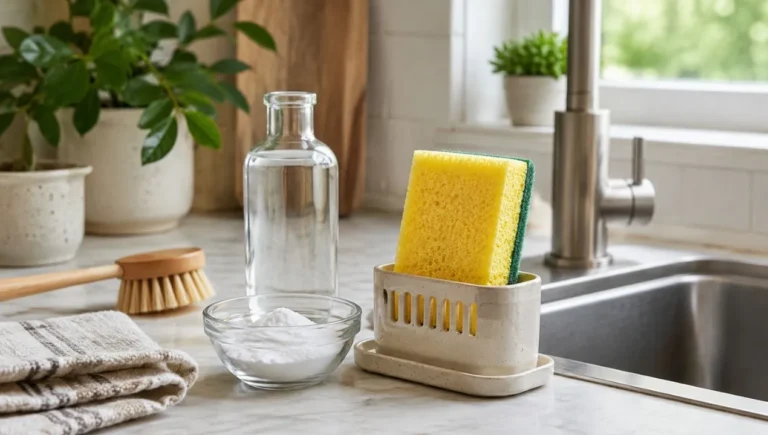 Clean kitchen sponge drying upright near baking soda and vinegar for natural odor control without bleach.