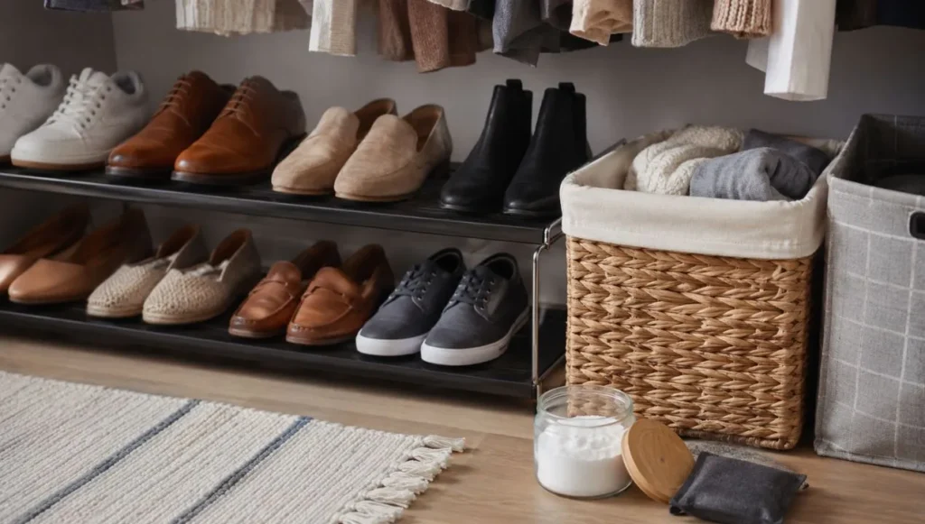 Organized shoes inside a closet with baking soda, odor-absorbing sachets, and storage baskets for natural closet odor control.