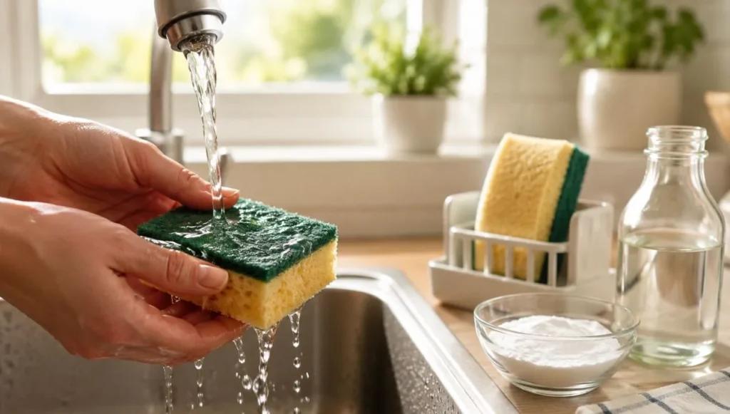 Kitchen sponge being rinsed under running water to remove food residue and prevent bad smells without bleach.