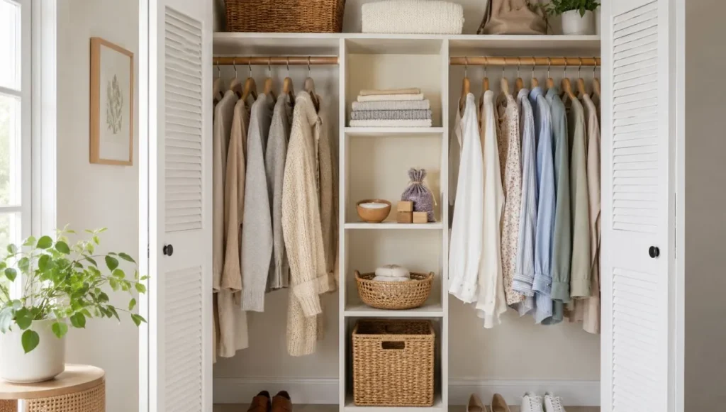 Open, clean, and organized closet with spaced clothing, natural baskets, lavender, cedar, and natural light to keep it smelling fresh without air freshener.
